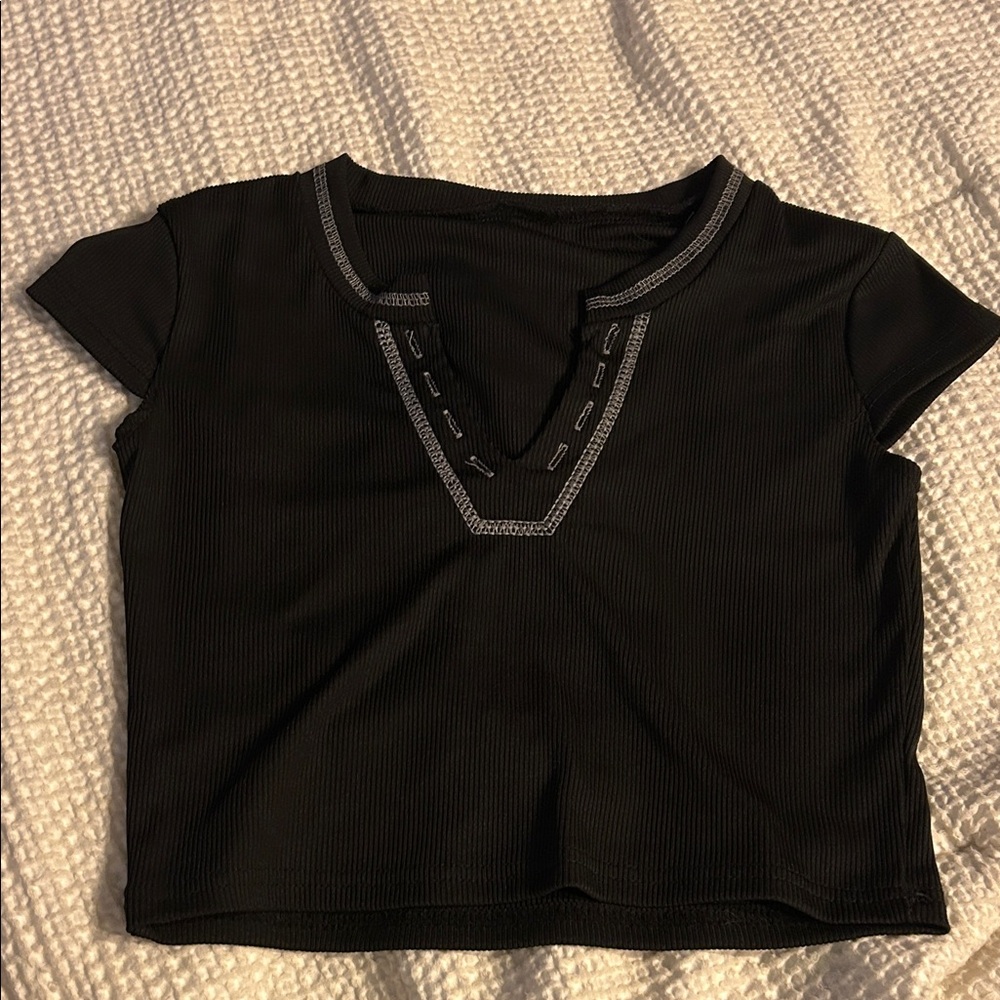 Black Ribbed Short Sleeve Top